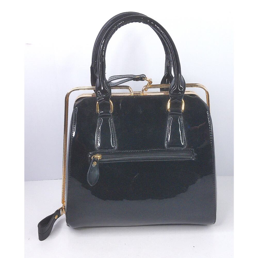 Vintage Y2K Black Patent Faux Leather Frame Satchel Handbag - Picture 10 of 11